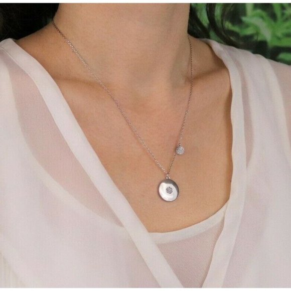 Sterling Silver Round Disk CZ Necklace 16 inch chain 1 mm wide - Picture 3 of 8